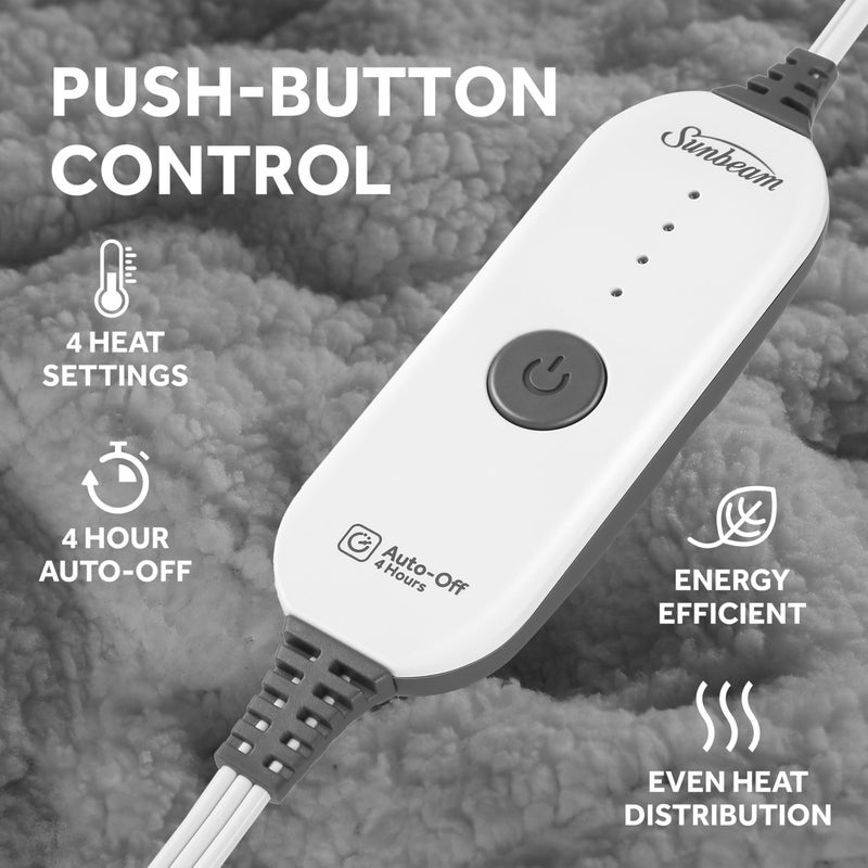 Sunbeam Royal Sherpa Foot Pocket Heated Throw Electric Blanket, 50" x 60", 4 Heat Settings, 4-Hour Auto Shut-Off, Warming Throw for Couch or Bed, Fast Heating, Machine Washable, Grey - Image 3